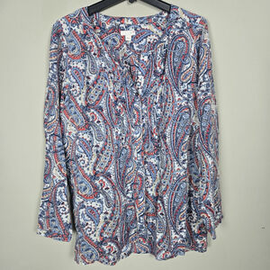 J Jill Womens Paisley Artsy Button Up Top Size L Blue Floral Boho Mature Office